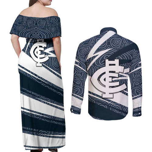 Carlton Blues Australian Football Couples Matching Off Shoulder Maxi Dress and Long Sleeve Button Shirt Superhero Mascot With Indigenous Pattern Art