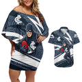Carlton Blues Australian Football Couples Matching Off Shoulder Short Dress and Hawaiian Shirt Superhero Mascot With Indigenous Pattern Art