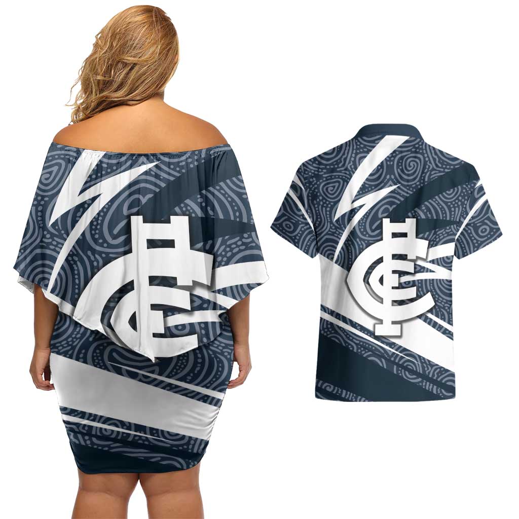 Carlton Blues Australian Football Couples Matching Off Shoulder Short Dress and Hawaiian Shirt Superhero Mascot With Indigenous Pattern Art