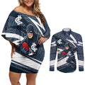 Carlton Blues Australian Football Couples Matching Off Shoulder Short Dress and Long Sleeve Button Shirt Superhero Mascot With Indigenous Pattern Art