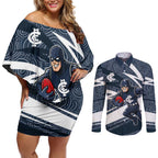 Carlton Blues Australian Football Couples Matching Off Shoulder Short Dress and Long Sleeve Button Shirt Superhero Mascot With Indigenous Pattern Art