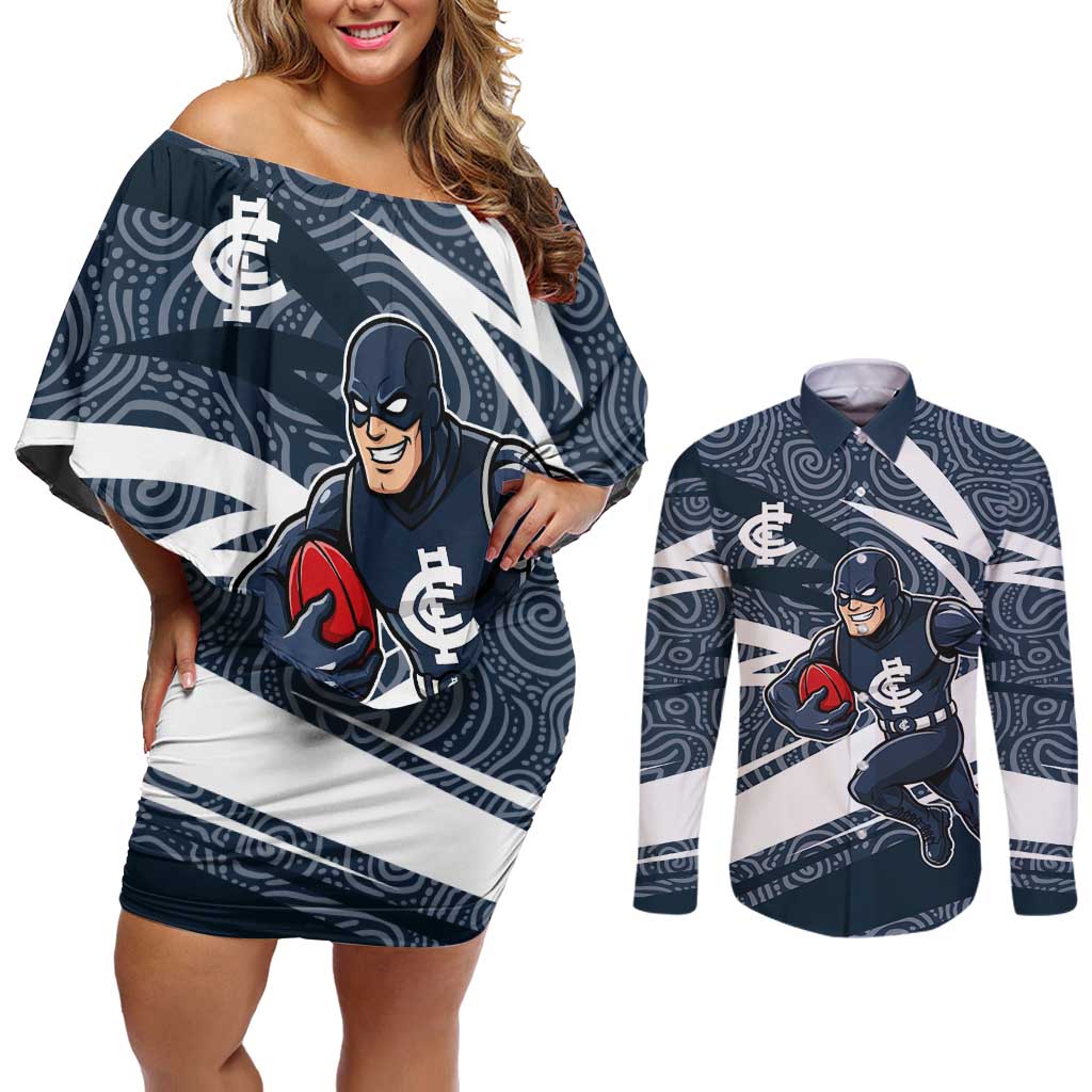 Carlton Blues Australian Football Couples Matching Off Shoulder Short Dress and Long Sleeve Button Shirt Superhero Mascot With Indigenous Pattern Art
