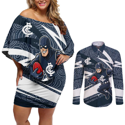 Carlton Blues Australian Football Couples Matching Off Shoulder Short Dress and Long Sleeve Button Shirt Superhero Mascot With Indigenous Pattern Art