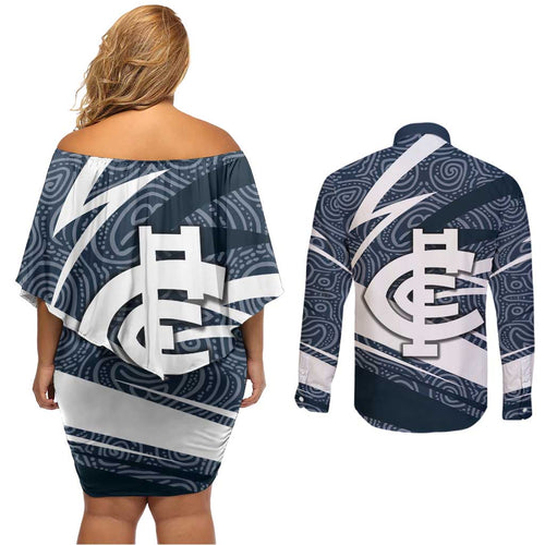 Carlton Blues Australian Football Couples Matching Off Shoulder Short Dress and Long Sleeve Button Shirt Superhero Mascot With Indigenous Pattern Art