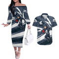 Carlton Blues Australian Football Couples Matching Off The Shoulder Long Sleeve Dress and Hawaiian Shirt Superhero Mascot With Indigenous Pattern Art
