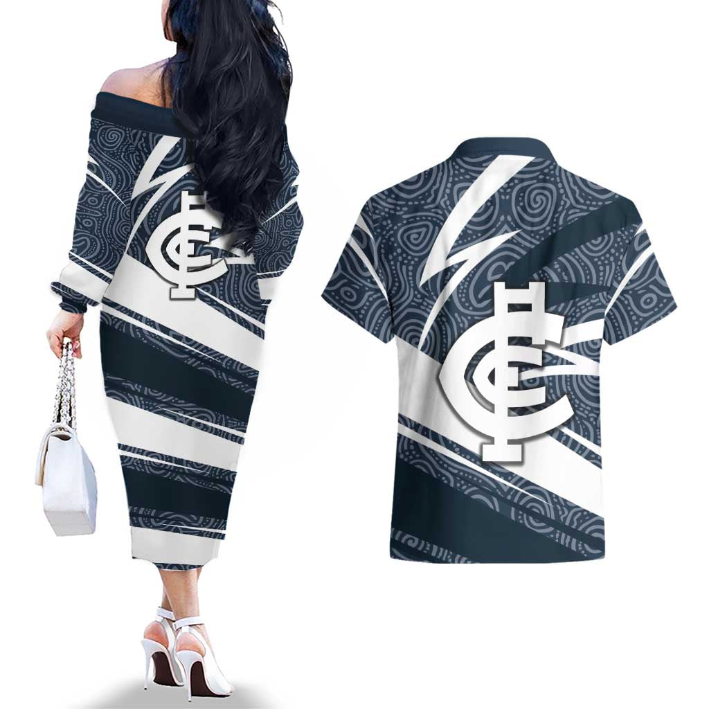 Carlton Blues Australian Football Couples Matching Off The Shoulder Long Sleeve Dress and Hawaiian Shirt Superhero Mascot With Indigenous Pattern Art