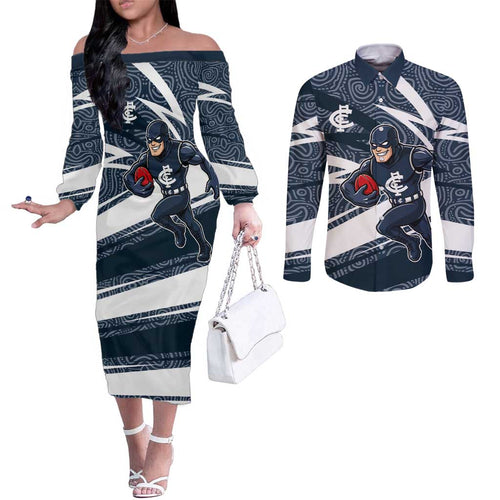 Carlton Blues Australian Football Couples Matching Off The Shoulder Long Sleeve Dress and Long Sleeve Button Shirt Superhero Mascot With Indigenous Pattern Art
