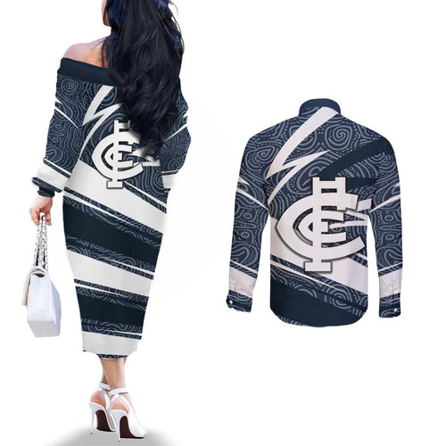 Carlton Blues Australian Football Couples Matching Off The Shoulder Long Sleeve Dress and Long Sleeve Button Shirt Superhero Mascot With Indigenous Pattern Art