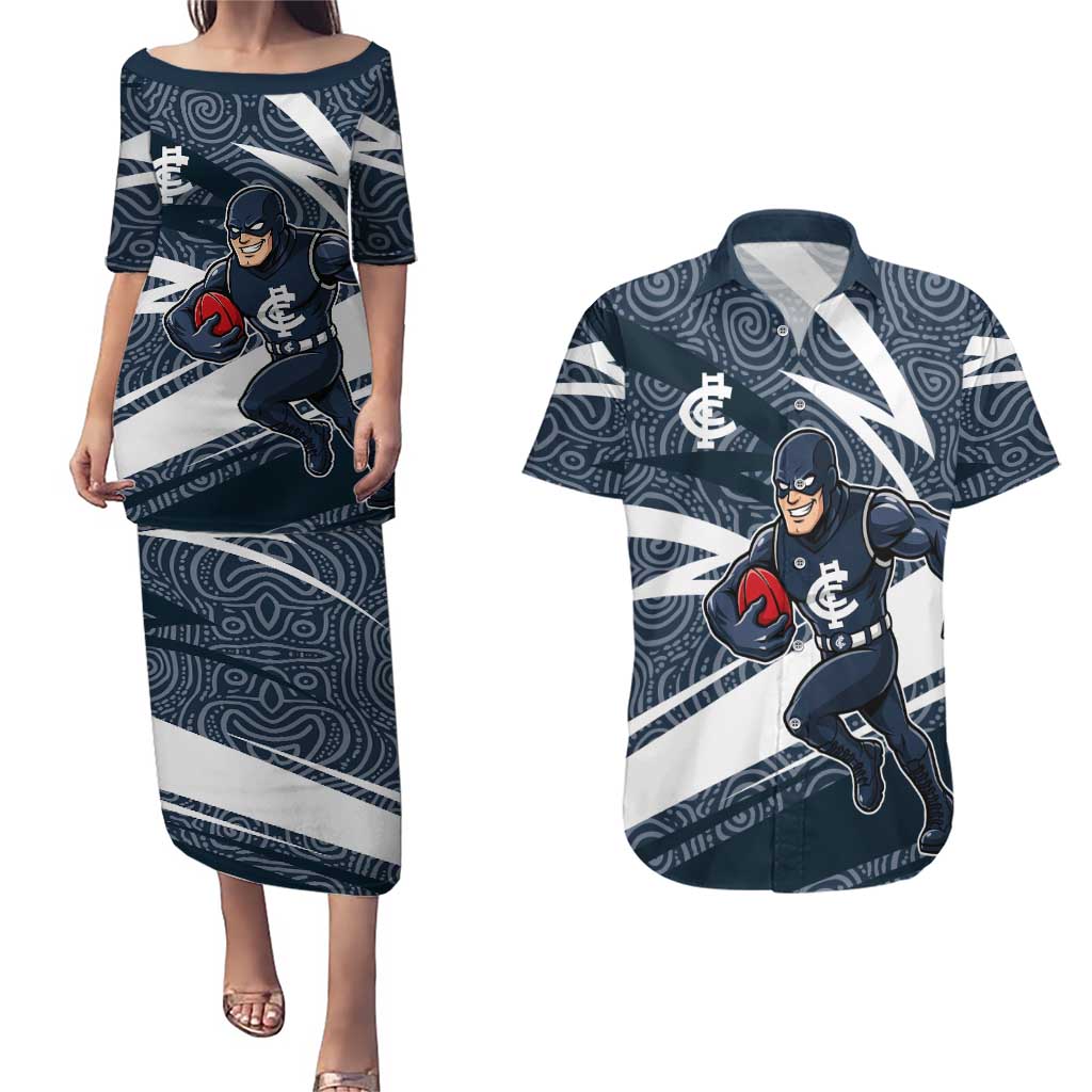Carlton Blues Australian Football Couples Matching Puletasi and Hawaiian Shirt Superhero Mascot With Indigenous Pattern Art