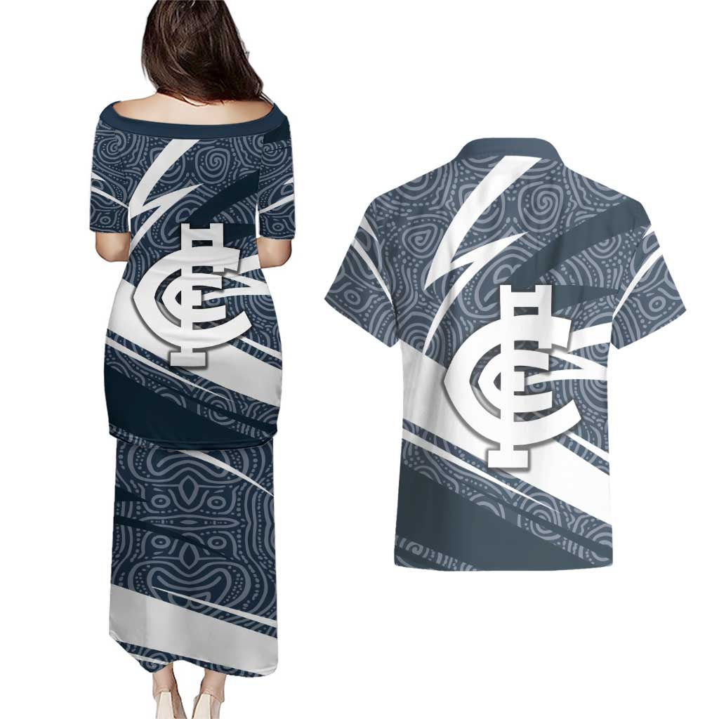 Carlton Blues Australian Football Couples Matching Puletasi and Hawaiian Shirt Superhero Mascot With Indigenous Pattern Art