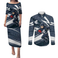 Carlton Blues Australian Football Couples Matching Puletasi and Long Sleeve Button Shirt Superhero Mascot With Indigenous Pattern Art