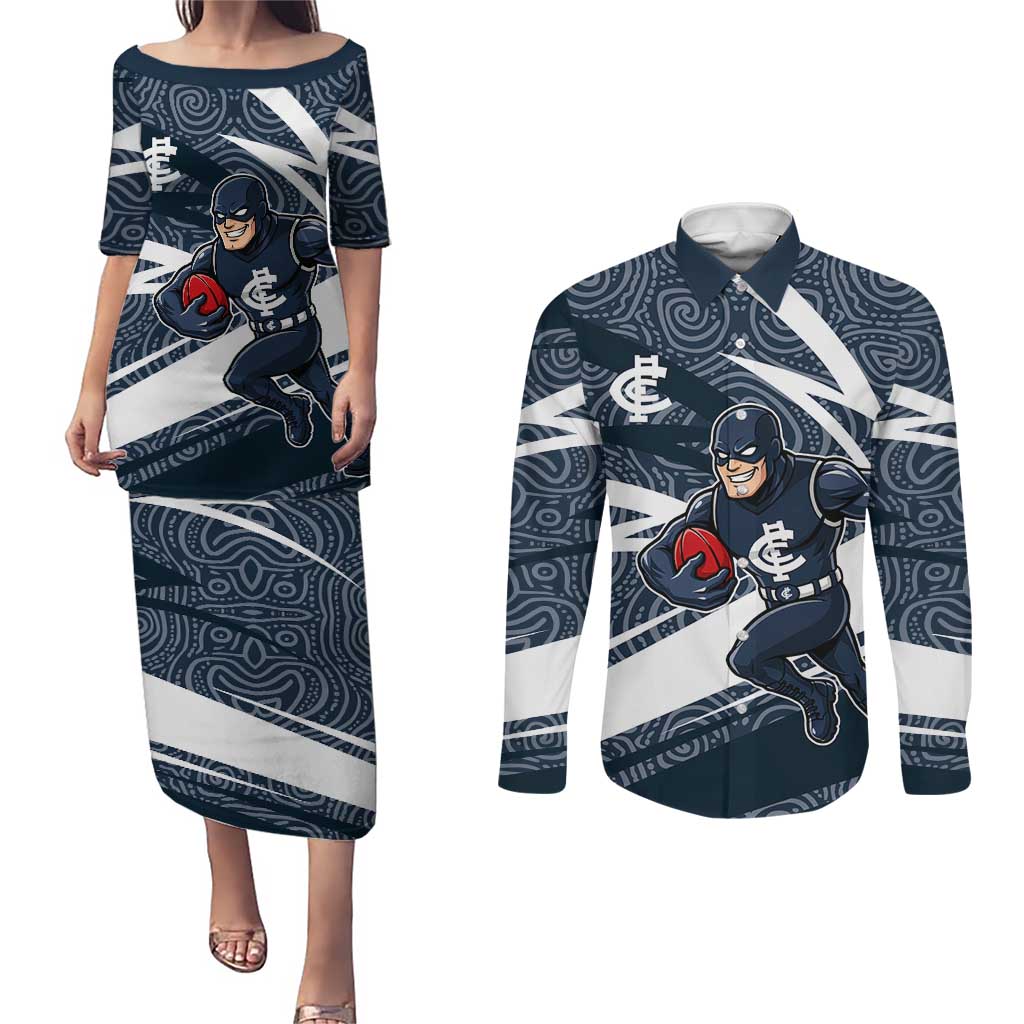 Carlton Blues Australian Football Couples Matching Puletasi and Long Sleeve Button Shirt Superhero Mascot With Indigenous Pattern Art