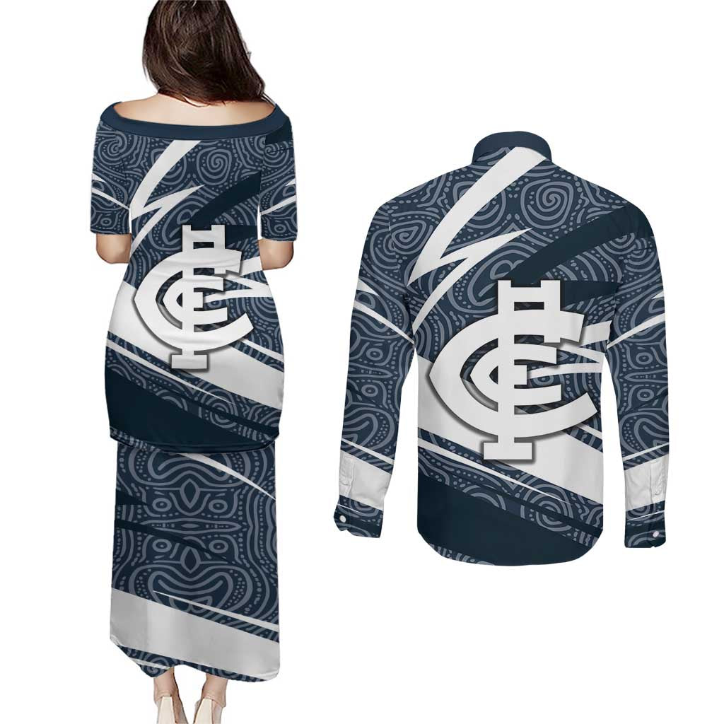 Carlton Blues Australian Football Couples Matching Puletasi and Long Sleeve Button Shirt Superhero Mascot With Indigenous Pattern Art