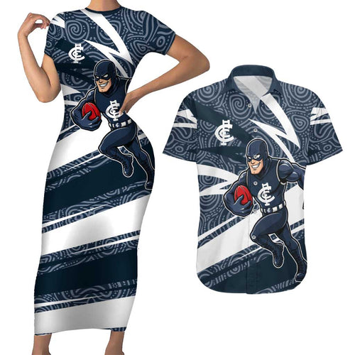 Carlton Blues Australian Football Couples Matching Short Sleeve Bodycon Dress and Hawaiian Shirt Superhero Mascot With Indigenous Pattern Art