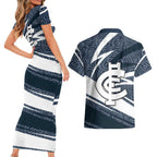 Carlton Blues Australian Football Couples Matching Short Sleeve Bodycon Dress and Hawaiian Shirt Superhero Mascot With Indigenous Pattern Art