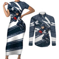 Carlton Blues Australian Football Couples Matching Short Sleeve Bodycon Dress and Long Sleeve Button Shirt Superhero Mascot With Indigenous Pattern Art