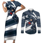 Carlton Blues Australian Football Couples Matching Short Sleeve Bodycon Dress and Long Sleeve Button Shirt Superhero Mascot With Indigenous Pattern Art