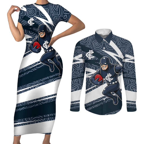 Carlton Blues Australian Football Couples Matching Short Sleeve Bodycon Dress and Long Sleeve Button Shirt Superhero Mascot With Indigenous Pattern Art