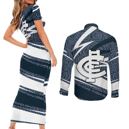 Carlton Blues Australian Football Couples Matching Short Sleeve Bodycon Dress and Long Sleeve Button Shirt Superhero Mascot With Indigenous Pattern Art