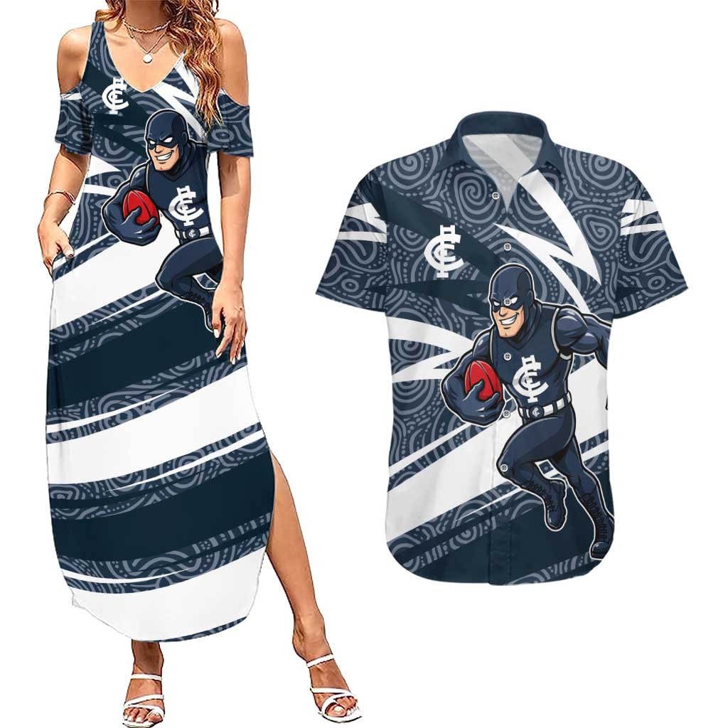 Carlton Blues Australian Football Couples Matching Summer Maxi Dress and Hawaiian Shirt Superhero Mascot With Indigenous Pattern Art