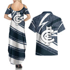 Carlton Blues Australian Football Couples Matching Summer Maxi Dress and Hawaiian Shirt Superhero Mascot With Indigenous Pattern Art
