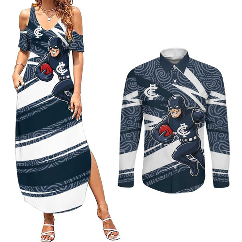 Carlton Blues Australian Football Couples Matching Summer Maxi Dress and Long Sleeve Button Shirt Superhero Mascot With Indigenous Pattern Art