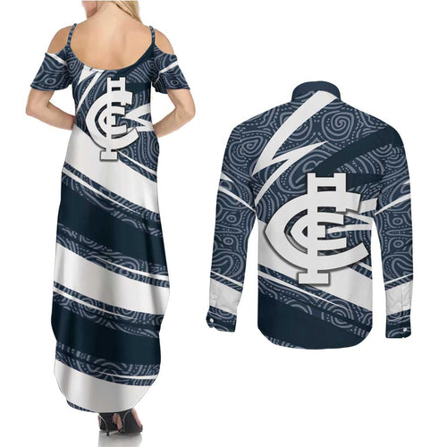 Carlton Blues Australian Football Couples Matching Summer Maxi Dress and Long Sleeve Button Shirt Superhero Mascot With Indigenous Pattern Art