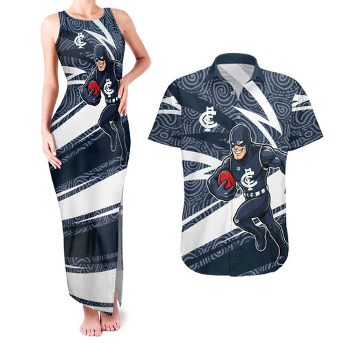 Carlton Blues Australian Football Couples Matching Tank Maxi Dress and Hawaiian Shirt Superhero Mascot With Indigenous Pattern Art