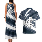 Carlton Blues Australian Football Couples Matching Tank Maxi Dress and Hawaiian Shirt Superhero Mascot With Indigenous Pattern Art