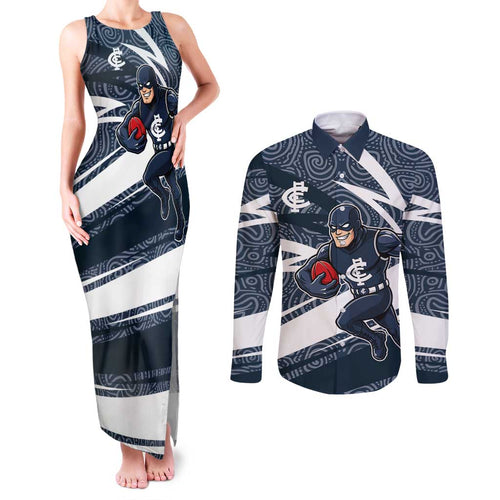 Carlton Blues Australian Football Couples Matching Tank Maxi Dress and Long Sleeve Button Shirt Superhero Mascot With Indigenous Pattern Art