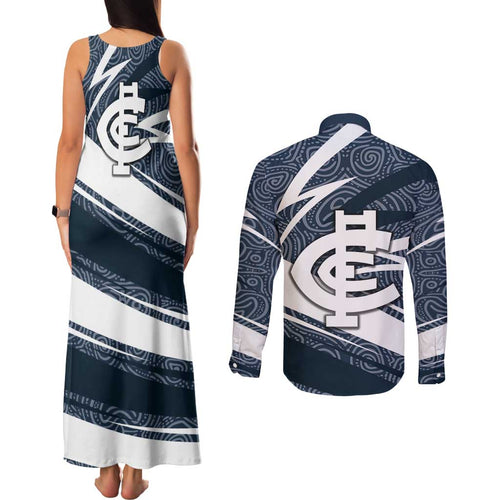 Carlton Blues Australian Football Couples Matching Tank Maxi Dress and Long Sleeve Button Shirt Superhero Mascot With Indigenous Pattern Art