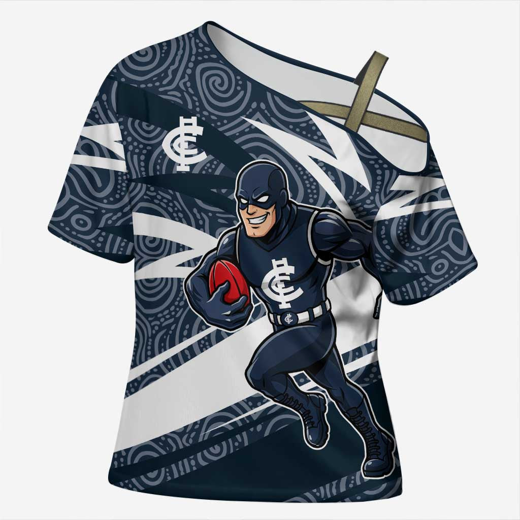 Carlton Blues Australian Football Cross Shoulder Shirt Superhero Mascot With Indigenous Pattern Art