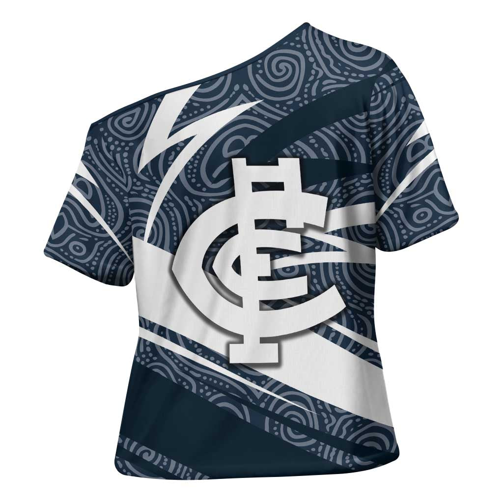 Carlton Blues Australian Football Cross Shoulder Shirt Superhero Mascot With Indigenous Pattern Art
