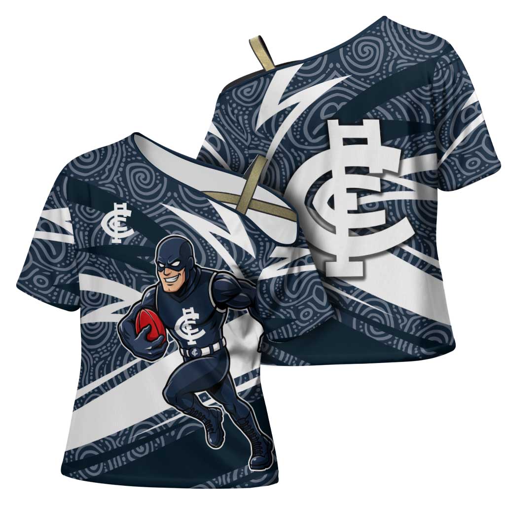Carlton Blues Australian Football Cross Shoulder Shirt Superhero Mascot With Indigenous Pattern Art
