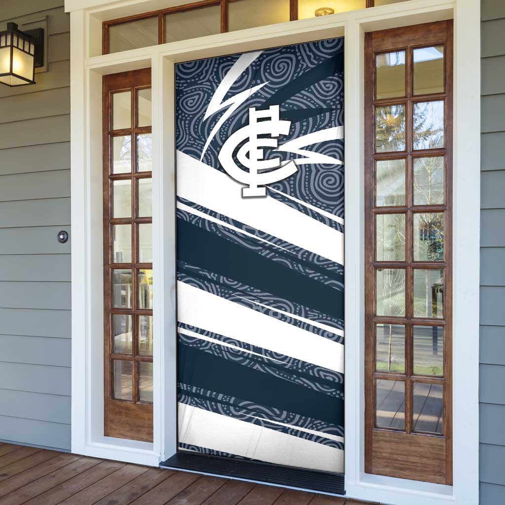 Carlton Blues Australian Football Door Cover Superhero Mascot With Indigenous Pattern Art