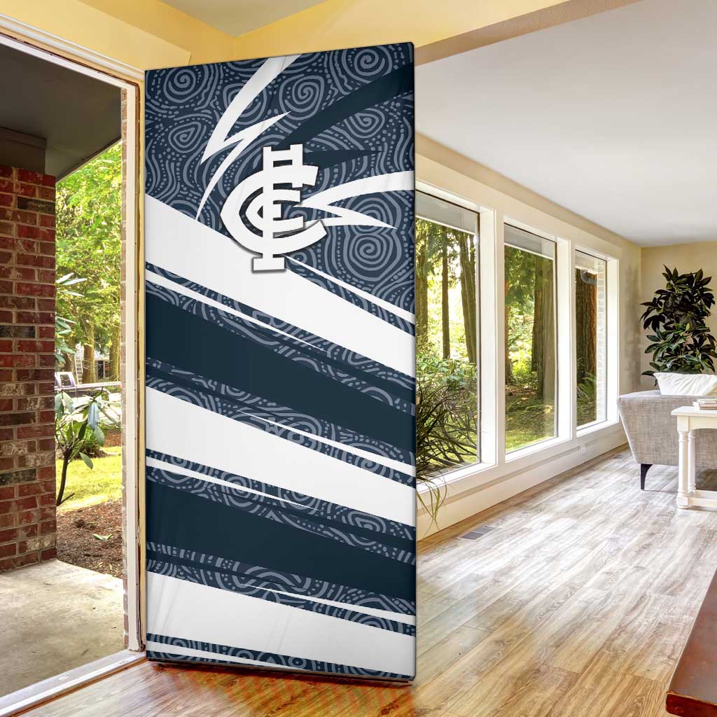 Carlton Blues Australian Football Door Cover Superhero Mascot With Indigenous Pattern Art