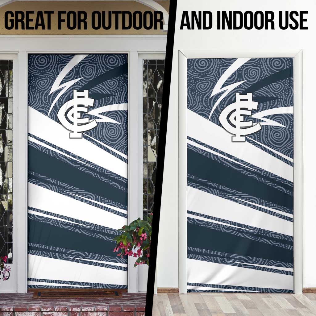 Carlton Blues Australian Football Door Cover Superhero Mascot With Indigenous Pattern Art