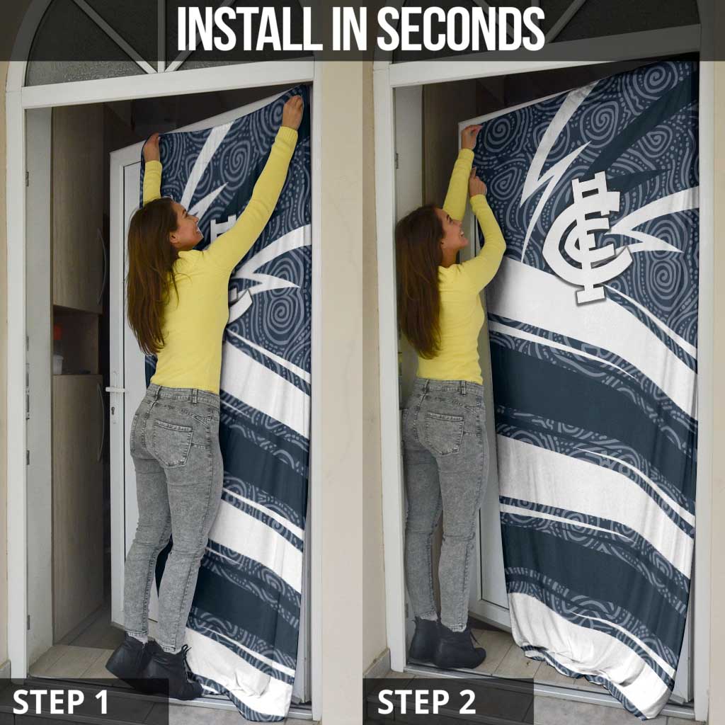 Carlton Blues Australian Football Door Cover Superhero Mascot With Indigenous Pattern Art