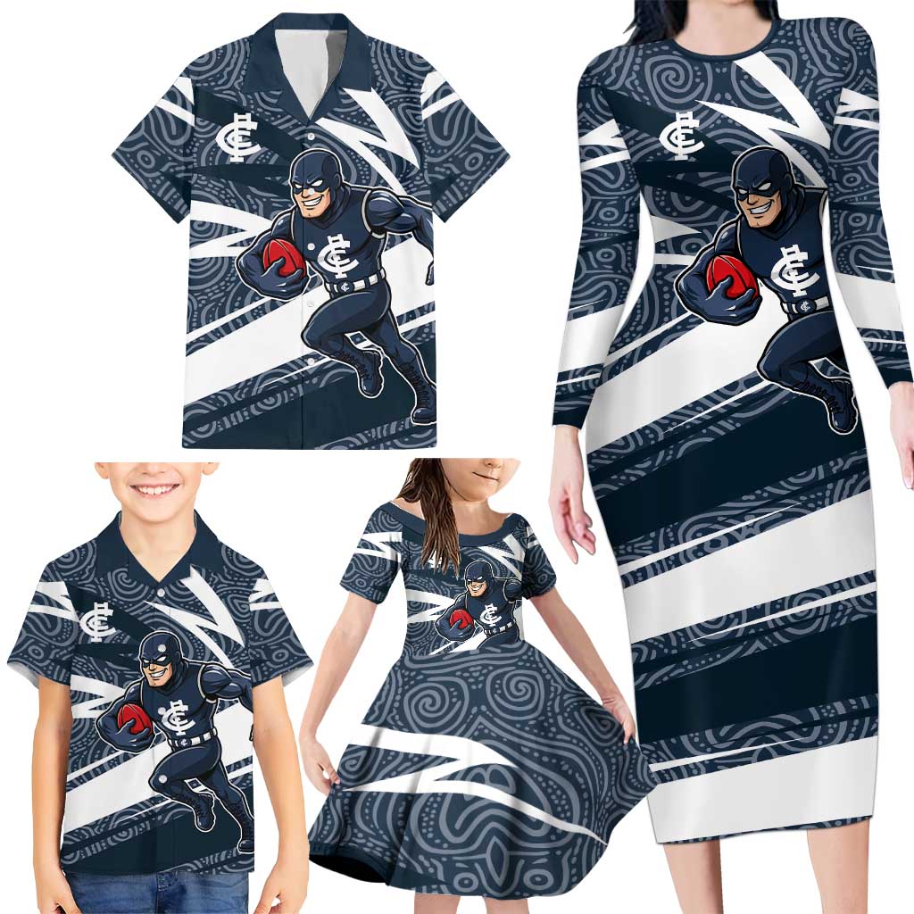 Carlton Blues Australian Football Family Matching Long Sleeve Bodycon Dress and Hawaiian Shirt Superhero Mascot With Indigenous Pattern Art