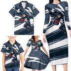 Carlton Blues Australian Football Family Matching Long Sleeve Bodycon Dress and Hawaiian Shirt Superhero Mascot With Indigenous Pattern Art