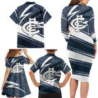 Carlton Blues Australian Football Family Matching Long Sleeve Bodycon Dress and Hawaiian Shirt Superhero Mascot With Indigenous Pattern Art