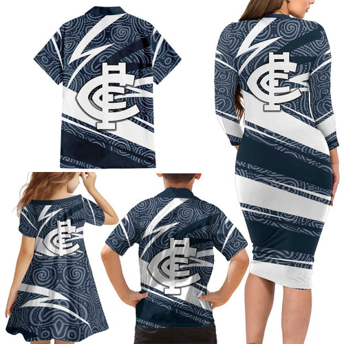 Carlton Blues Australian Football Family Matching Long Sleeve Bodycon Dress and Hawaiian Shirt Superhero Mascot With Indigenous Pattern Art