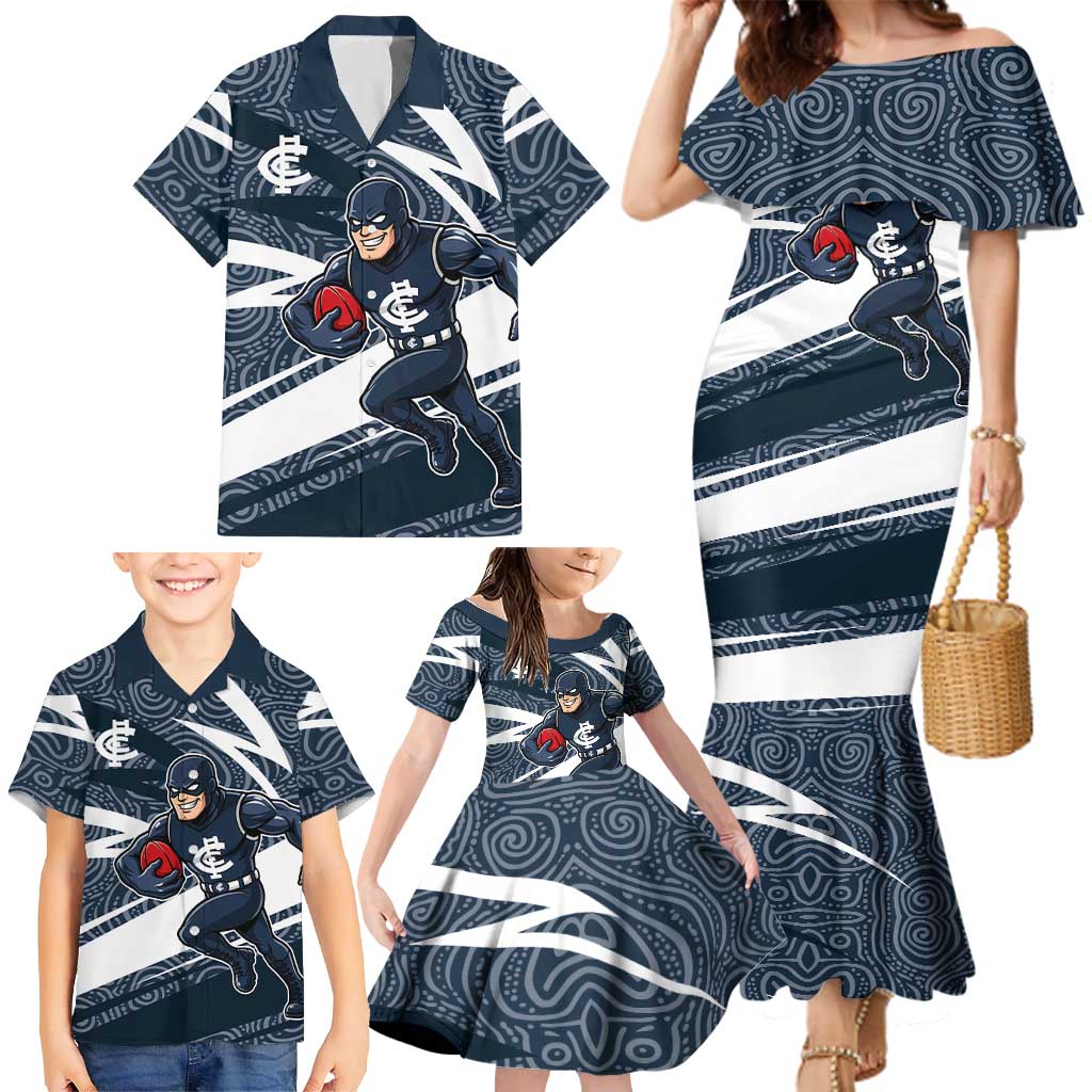 Carlton Blues Australian Football Family Matching Mermaid Dress and Hawaiian Shirt Superhero Mascot With Indigenous Pattern Art