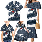 Carlton Blues Australian Football Family Matching Mermaid Dress and Hawaiian Shirt Superhero Mascot With Indigenous Pattern Art