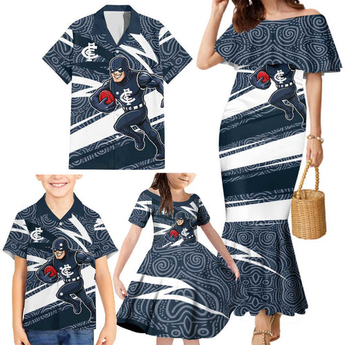 Carlton Blues Australian Football Family Matching Mermaid Dress and Hawaiian Shirt Superhero Mascot With Indigenous Pattern Art