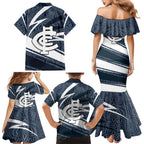 Carlton Blues Australian Football Family Matching Mermaid Dress and Hawaiian Shirt Superhero Mascot With Indigenous Pattern Art