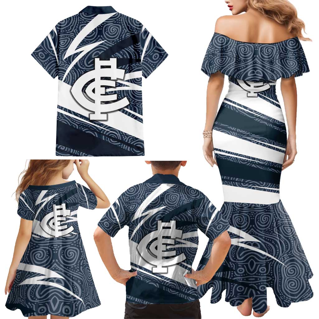 Carlton Blues Australian Football Family Matching Mermaid Dress and Hawaiian Shirt Superhero Mascot With Indigenous Pattern Art