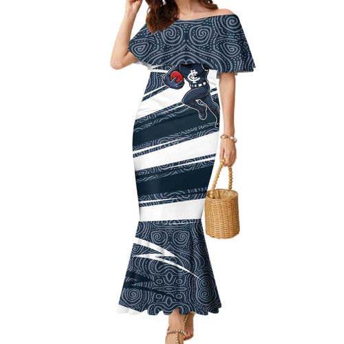 Carlton Blues Australian Football Family Matching Mermaid Dress and Hawaiian Shirt Superhero Mascot With Indigenous Pattern Art