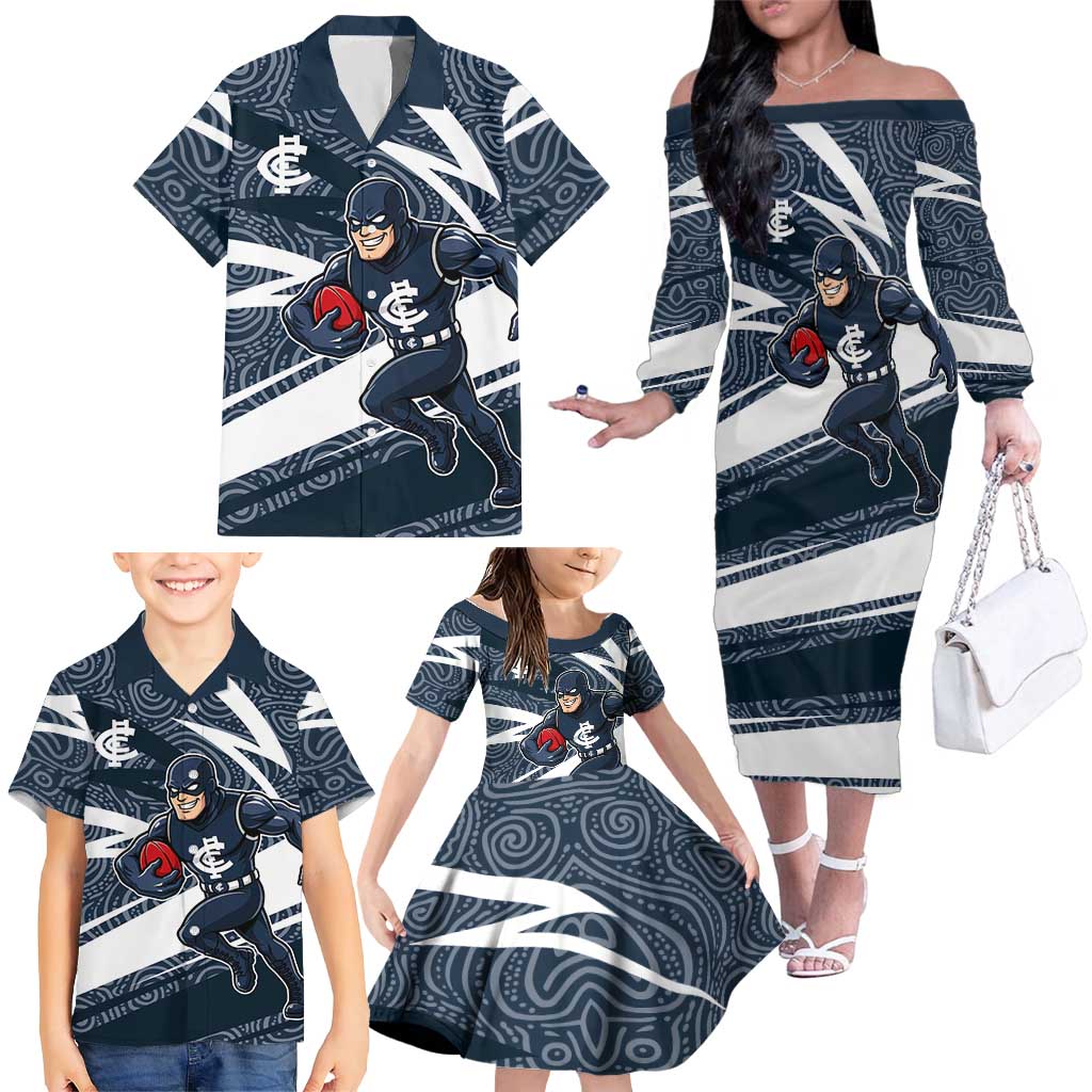 Carlton Blues Australian Football Family Matching Off The Shoulder Long Sleeve Dress and Hawaiian Shirt Superhero Mascot With Indigenous Pattern Art