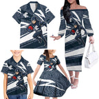 Carlton Blues Australian Football Family Matching Off The Shoulder Long Sleeve Dress and Hawaiian Shirt Superhero Mascot With Indigenous Pattern Art